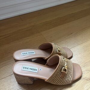 Steve Madden Tan Woven Slide Heels with Gold Accent